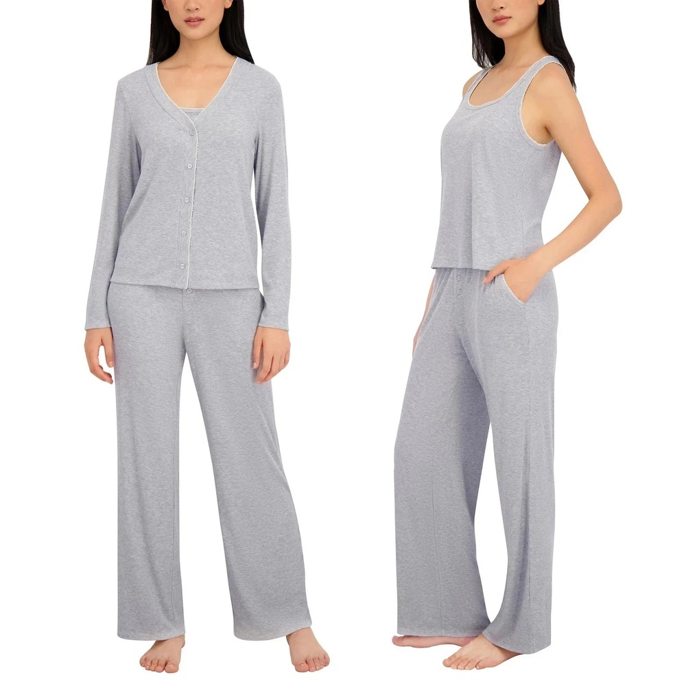 Live2Lounge Women’s 3 Piece Ribbed Cardigan Tank Pant Set, Gray, Size 2XL, NWOT